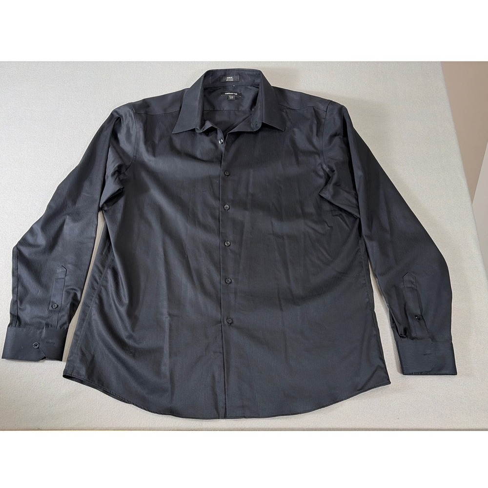 Claiborne Men Slim Fit Easy-Care Dress Shirt Black Cotton Stripe 17.5 36/37 0392